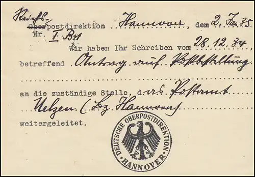 Postsache Dt. Oberpostdirektion Hannover 2.1.1935, Werbestempel Saar-Abstimmung