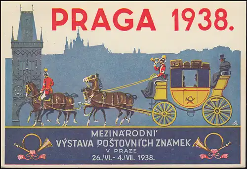 Ansichtskarte Briefmarkenausstellung PRAG 1938 mit passendem SSt PRAHA 26.6.1938