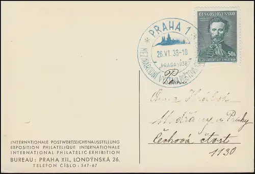 Carte postale Exposition de timbres PRAG 1938 avec SSt PRAHA 26.6.1938