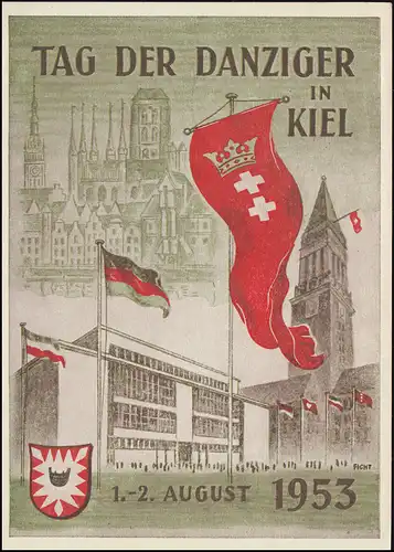 Ansichtskarte Tag der Danziger in Kiel, passender SSt KIEL 2.8.1953 