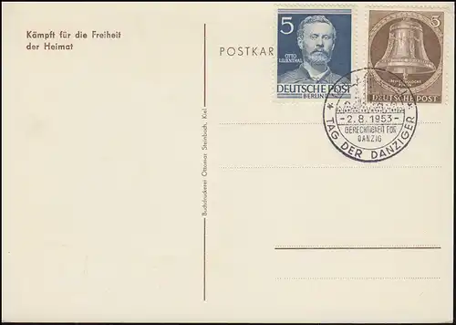 Ansichtskarte Tag der Danziger in Kiel, passender SSt KIEL 2.8.1953 