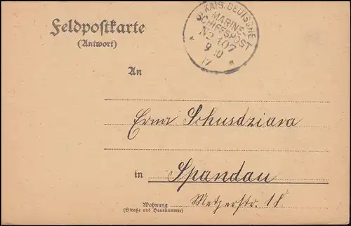 DEUTSCHE MARINE-SCHIFFSPOST No 107 - 9.10.1917 SMS Derfflinger auf Feldpostkarte