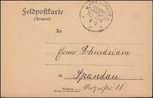 NAVIRE MARINE FRANÇAIS POST No 107 - 9.10.1917 SMS Derfflinger sur carte postale de champ