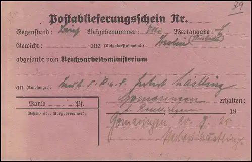 Rückschein an das Reichsarbeitsministerium in Berlin, GOMARINGEN 20.8.1920
