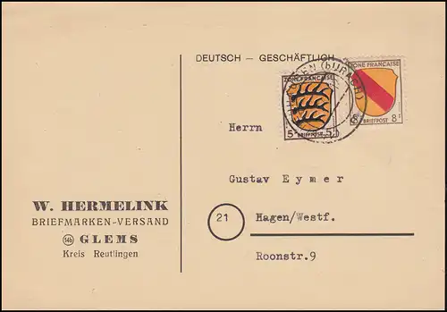 3+6 francs marks armoiries-miF sur carte postale NOUVEAUHAUSEN (URACH) 1947 vers Hagen