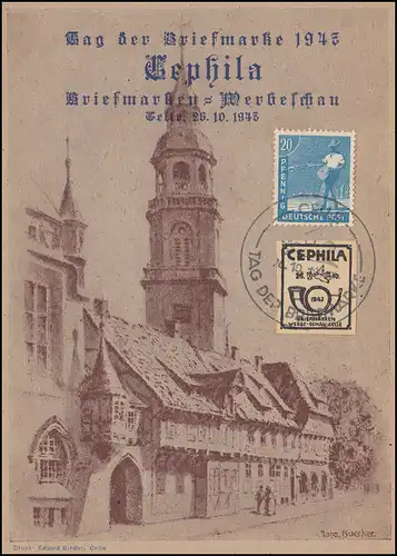 Ansichtskarte Tag der Briefmarke 1947 Werbeschau CEPHILA mit SSt CELLE 26.10.47
