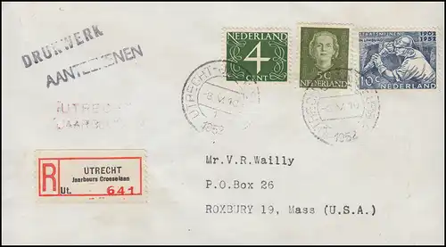 R-Drucksache von der Briefmarkenbörse UTRECHT-JAARBEURS 8.5.1952 in die USA