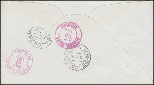 R-Drucksache von der Briefmarkenbörse UTRECHT-JAARBEURS 8.5.1952 in die USA