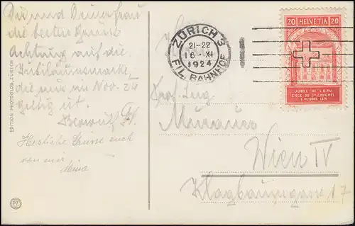 Ansichtskarte Grossmünster mit Glärnisch, ZÜRICH 16.11.1924 nach Österreich