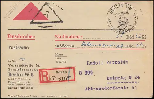 DDR-Postkriegsvignette Pk V1 auf Postsache SSt BERLIN 29.9.53 nach Leipzig