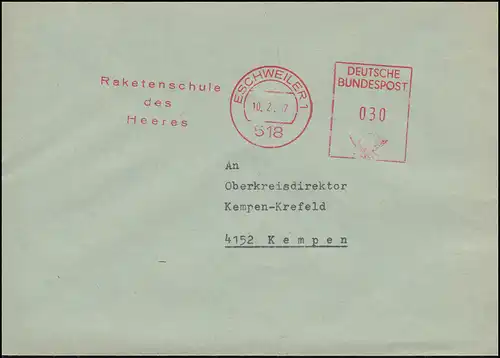 Bundeswehr Absenderfreistempel Raketenschule des Heeres ESCHWEILER 10.2.67