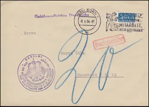 Gebührenpflichtige Dienstsache Bundeskanzleramt Brief mit Notopfer BONN 8.4.1954