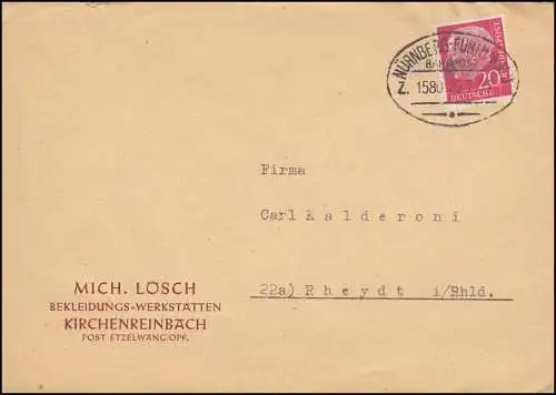 Bahnpost NÜRNBERG-VURTH ZUG 1580- 25.7.56 Lettre de Kirchensteinbach à Rheydt