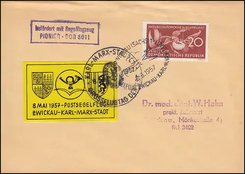 Befördert mit Segelflugzeug PIONIER DDR 3011 Brief mit 563 SSt ZWICKAU 8.5.1957