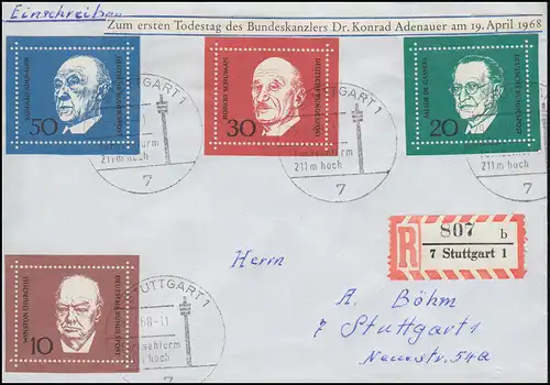 554-557 Ensemble de bloc 4 Konrad Adenauer sur la lettre R de ville SSt STUTTGART 29.4.68
