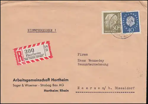 261+305 Heuss II+III MiF auf R-Brief HARTHEIM über FREIBURG 2.11.1961