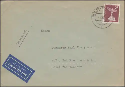 147 Lilienthal-Denkmal portogerechte EF Luftpost-Brief BERLIN-STEGLITZ 6.9.1956 