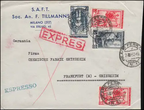 Bahnpost BASEL-FRANKFURT/MAIN ZUG 73 - 27.9.52, Italien-Brief MILANO 26.9.1952