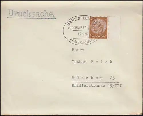 513 Hindenburg Drucksache SSt BERLIN-LEIPZIG VERSUCHSFAHRT KRAFTKURSPOST 13.6.36