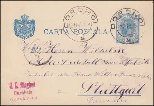 Rumänien Postkarte P 33 König Karl I. von DOROHOI 27.10.1895 nach Stuttgart