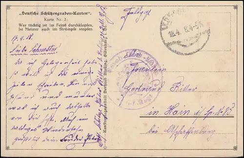 AK Deutsche Schützengraben-Carte: Bouchon bas, Feldpost 18.4.1918