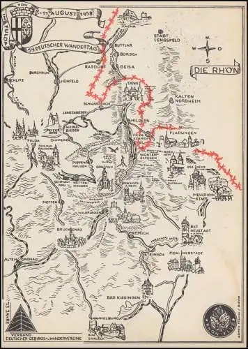 Carte commémorative Club de montagne et randonnée avec Vignette, SSt FULDA 9.8.1958