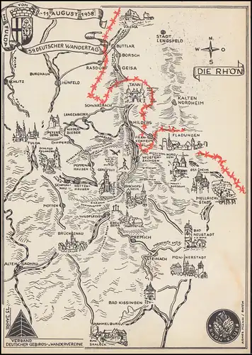 Erinnerungskarte Gebirgs- und Wanderverein mit Vignette, SSt FULDA 9.8.1958