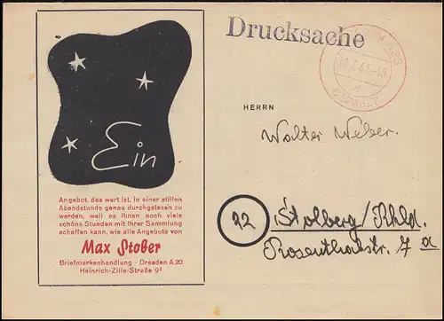 Gebühr-bezahlt-Stempel Dresden 11.7.47 Drucksache Briefmarken-Ankauf Max Stober