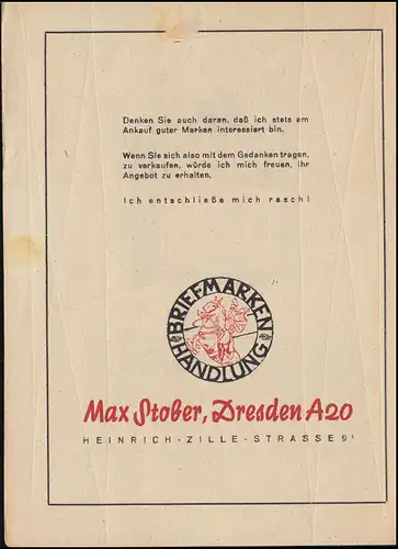 Gebühr-bezahlt-Stempel Dresden 11.7.47 Drucksache Briefmarken-Ankauf Max Stober