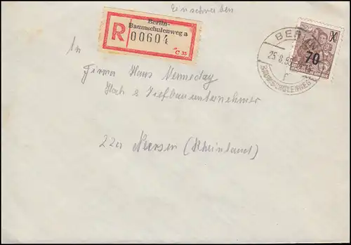 442 Fünfjahrplan mit Aufdruck als EF auf R-Brief BERLIN-BAUMSCHULENWEG 25.8.1955