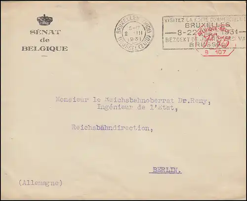 Belgique: cachet gratuit B 107 Sénat de Belgique sur lettre BRUXELLES 2.3.1931