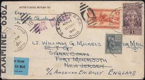 Etats-Unis-Zensur 6362 Lettre postale aérienne avec DUP CLEVELAND 1 - 12.11.41 à Fort Monmouth