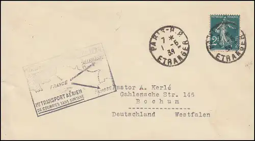 Premier vol France-Allemagne/Suisse/Angleterre 1.6.19398 Lettre PARIS 1.6.1938