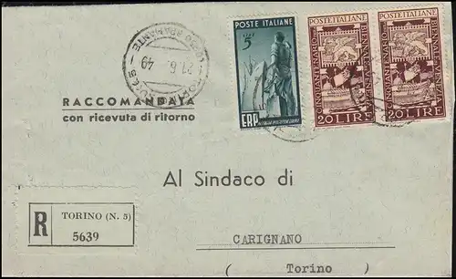 774 ERP Aide avec 767 R-Faltfreit Kinderhospital TORINO 21.6.49 n. Carignano