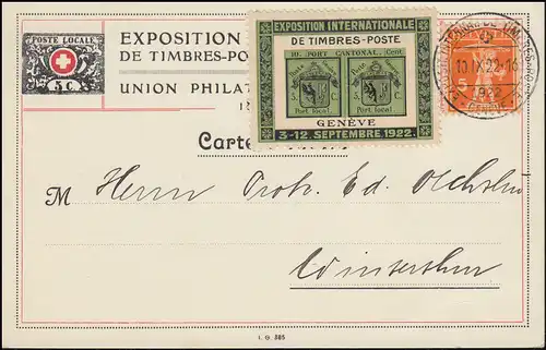 162x Tellknabe auf Sonder-Postkarte Briefmarkenausstellung SSt GENF 10.9.1922