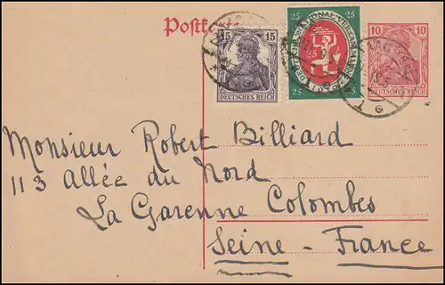 Postkarte P 107I Germania mit Zusatzfr. AACHEN 22.11.1919 nach Frankreich