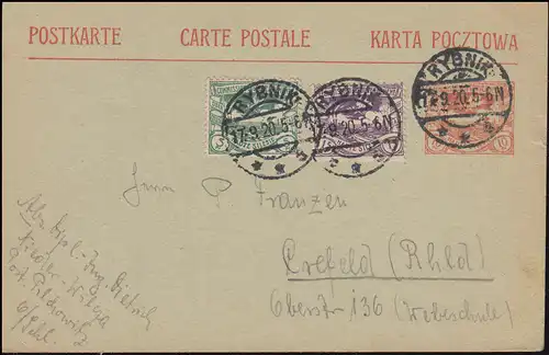 Oberschlesien Postkarte P 3 mit passender Zusatzfr. RYBNIK 17.9.20 nach Krefeld