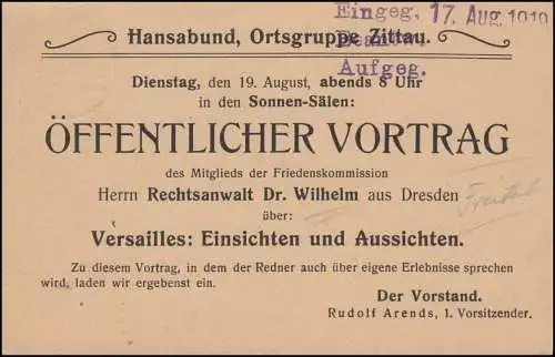 Carte postale P 110I Invitation à la conférence Versailles, ZITTAU 16.8.19, INFLA-Verfahren