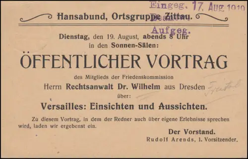 Carte postale P 110I Invitation à la conférence Versailles, ZITTAU 16.8.19, INFLA-Verfahren