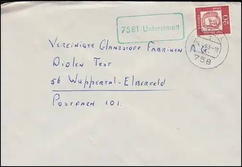 grüner Landpost-Stempel Unterstmatt Brief BÜHL 24.4.1963