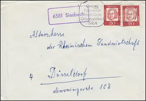Temple de la poste de Landpost Siesbach avec 352 MeF Brieb Idar-Oberstein 2.3.1963