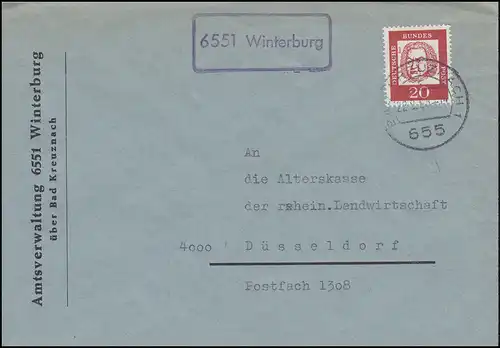 Landpost-Stempel Winterburg Brief BAD KREUZNACH 22.9.1963 nach Düsseldorf