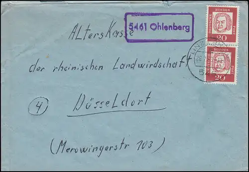 Landpost-Stempel Ohlenberg Brief LINZ am RHEIN 26.7.1963 nach Düsseldorf