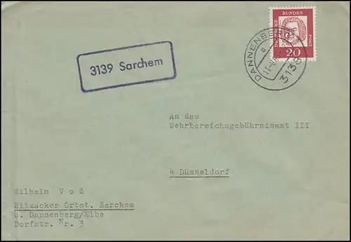 Landpost-Stempel Sarchem Brief DANNENBERG 11.8.1963 nach Düsseldorf