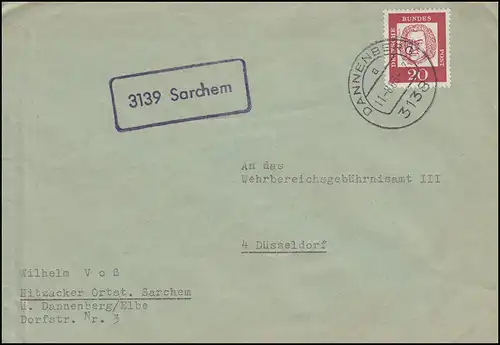 Templier de la poste de Sarchem Lettre DANNENBERG 11.8.1963 à Düsseldorf