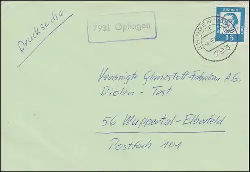 Landpost-Stempel Öpfingen Briefdrucksache EHINGEN (DONAU) 4.5.1963 n. Wuppertal