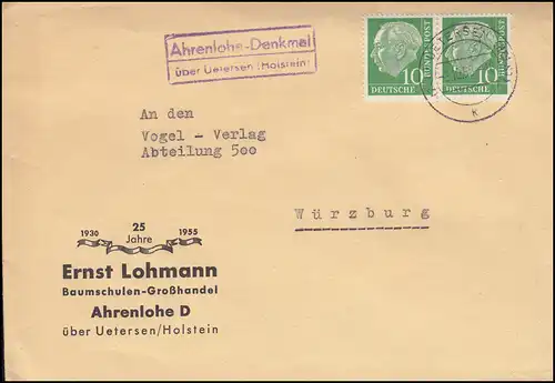 Landpost-Stempel Ahrenlohe-Denkmal über UETERSEN (HOLSTEIN) 3.10.1958 auf Brief