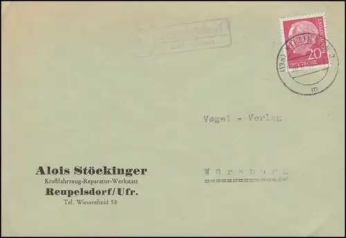 Landpost-Stempel Reupelsdorf über KITZINGEN 20.6.1958 auf Brief nach Würzburg