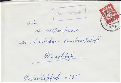 Templier de la poste de Landpost Harspelt Lettre PRUM 13.11.1963 à Düsseldorf
