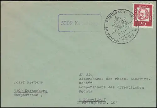 Landpost-Stempel Kurtenberg Brief SSt RHEINBACH Glas und Keramik nach Düsseldorf